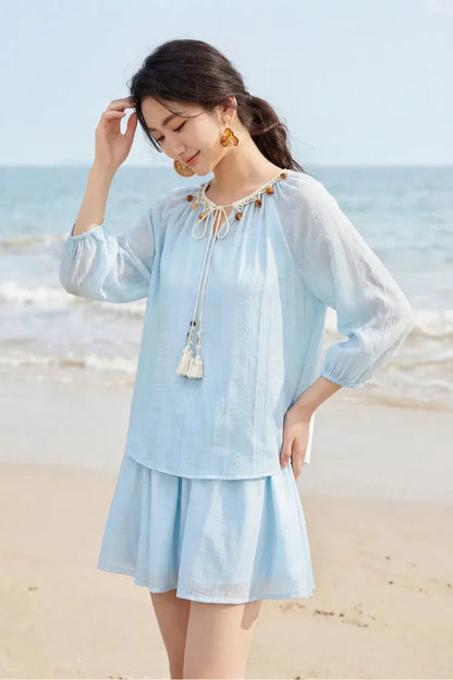 SENTUBILA Women's 2 Piece Bohemian Blouse Summer Set 2026 Beaded Tie Top Elastic Waist Shorts Clothing Set 161ZC4660
