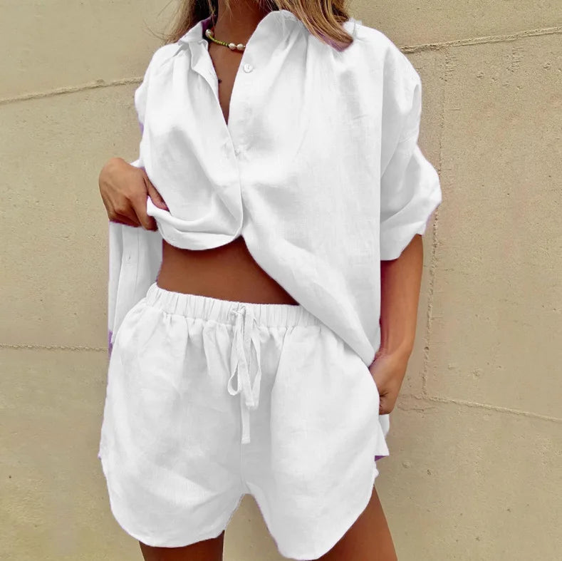 2024 Summer New Women's 2-piece set Solid Single breasted Short sleeve Shirt Two piece Set Wide Leg Lace-up Shorts For Women