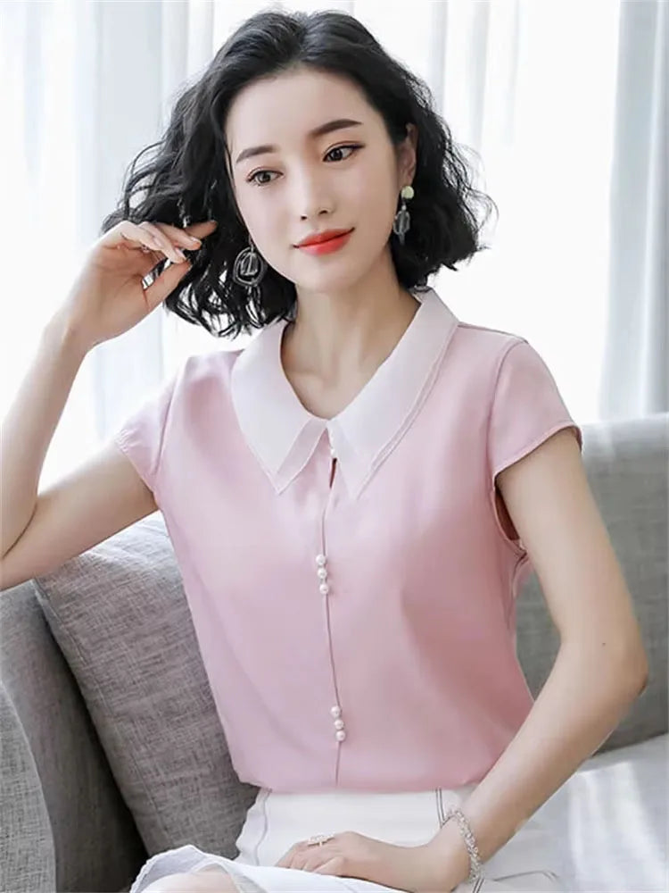 Women Spring Summer Style Blouses Shirts Lady Casual Short Sleeve Peter Pan Collar Blue Pink Blusas Tops