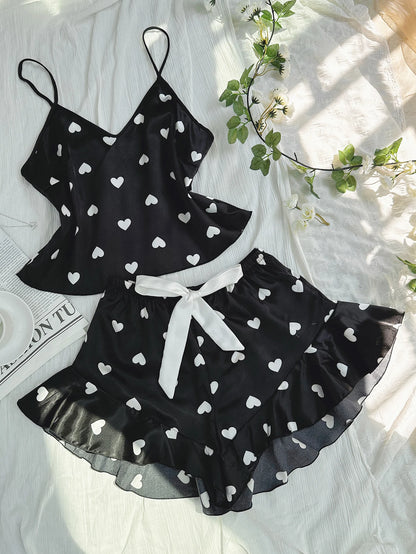 Cute Heart Print Pajamas for Women Set V Neck Top and Shorts Loungewear Sexy Fashion Women’s Sleepwear for Home