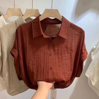 Summer Minimalist Shirt Women Solid Button Turn-down Collar Batwing Sleeve Thin Chiffon Short Sleeves Hem Fold Shirts Blouses