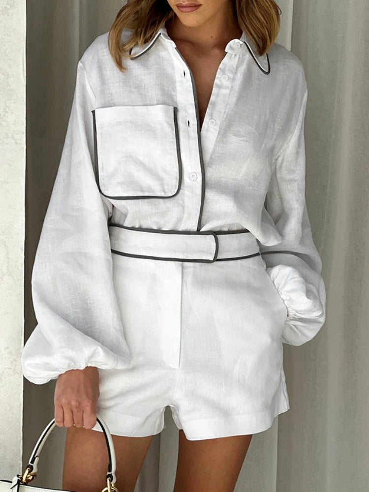 New in Summer Women's Elegant Set   Cotton Linen Long-Sleeved Black White Contrasting Color Design Shirt Shorts Two-Piece
