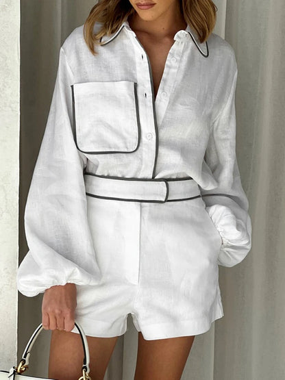 New in Summer Women's Elegant Set   Cotton Linen Long-Sleeved Black White Contrasting Color Design Shirt Shorts Two-Piece