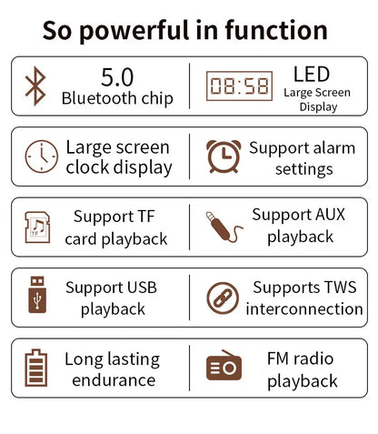 Domars Wireless Bluetooth 5.0 Speakers Wooden Alarm Clock Display Sound System Player with AUX TF FM Radio Subwoofer Box