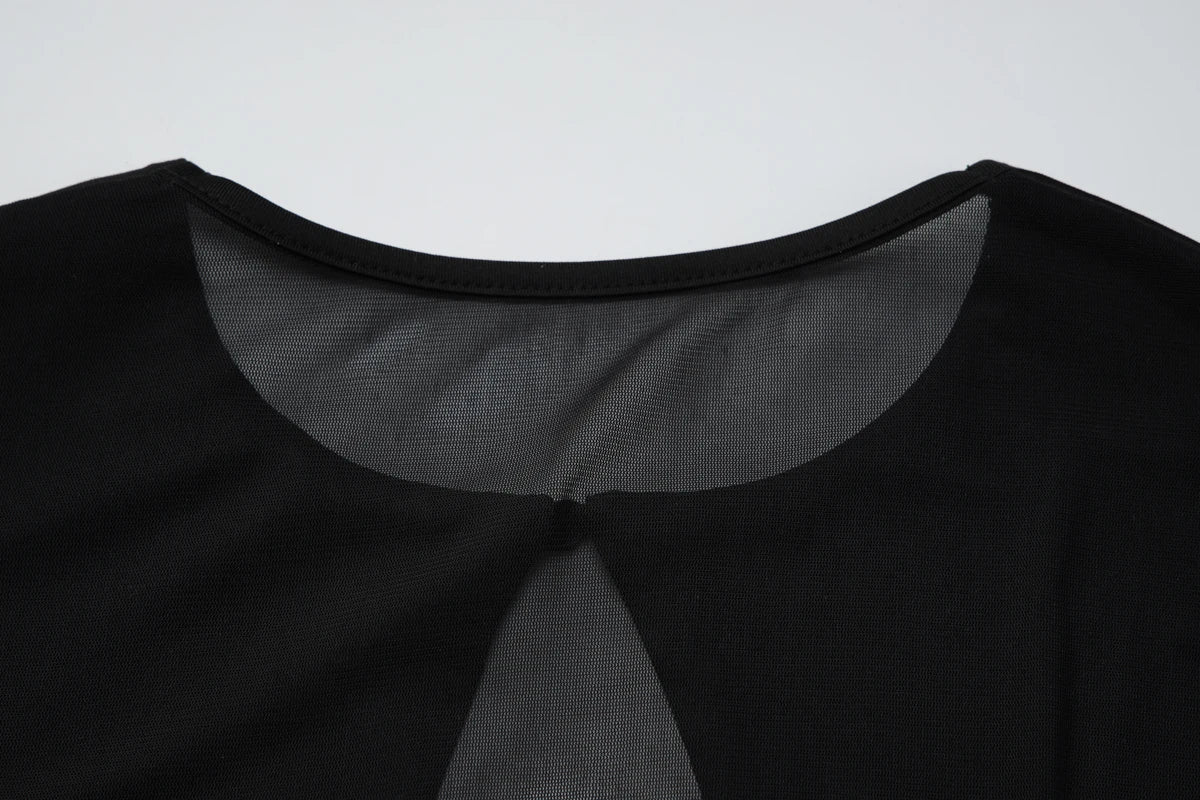 Hugcitar Fashion 2 Pcs Sets Mesh Black Short Sleeve Buttons Hole Sexy Sheer Crop T-Shirt Polka Dot Print Shorts Vacation Outfit