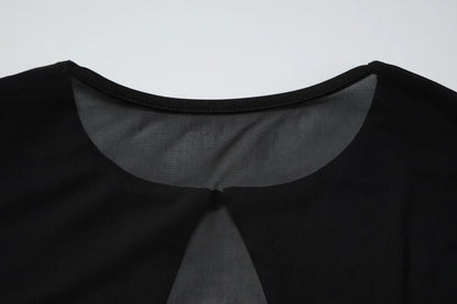Hugcitar Fashion 2 Pcs Sets Mesh Black Short Sleeve Buttons Hole Sexy Sheer Crop T-Shirt Polka Dot Print Shorts Vacation Outfit