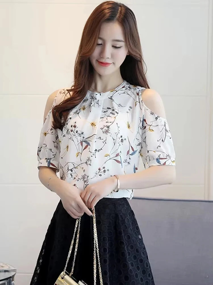New Floral Print Women Shirt Elegant Summer Tops Off Shoulder Blouses Short Sleeve Woman Blouse
