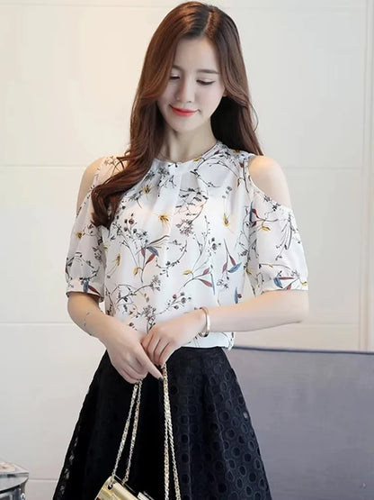 New Floral Print Women Shirt Elegant Summer Tops Off Shoulder Blouses Short Sleeve Woman Blouse