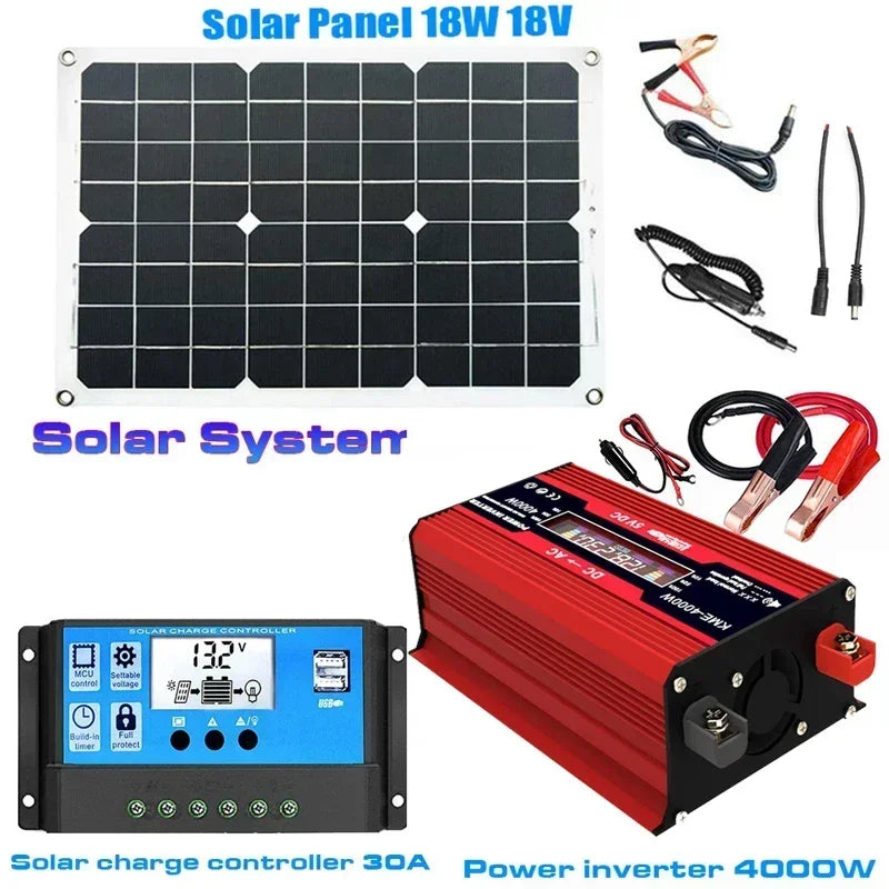 110/220V Solar Power System 18W Solar Panel Battery Charge 30A Controller 6000W 12V 220V Inverter Complete Power Generation Kit