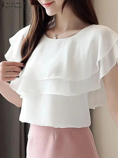 ZANZEA 2025 Women Shirts Vintage Round Neck Short Sleeve Blouses Fashion Double Ruffled Blusas Casual Pleated Solid Tops Femme