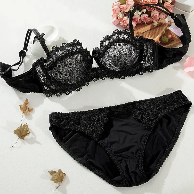 New Arrival Sweet Spicy Lace Lingerie Set Ultra Thin Half Cup Push Up Bra Soft Underwire Anti Sag Comfortable Women Wear