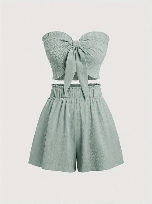 Simple, Beachy Style, Romantic Seaside. Date Outfit Featuring a Top with Gathered Details and Shorts, a Two-Piece Set for Women.