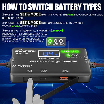 MPPT 10A 12V Solar Charge Controller with LCD Display, Solar Panel Charge Controller with Type-C and USB Output for Solar Panel