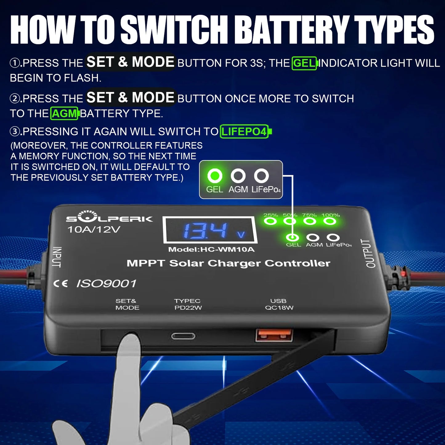 MPPT 10A 12V Solar Charge Controller with LCD Display, Solar Panel Charge Controller with Type-C and USB Output for Solar Panel