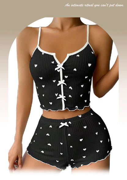 Women's Pajama Set Heart Print Soft Ribbed Fabric Sleepwear with Flirty Frill Trim Casual Cami Top and Shorts Sets Loungewear