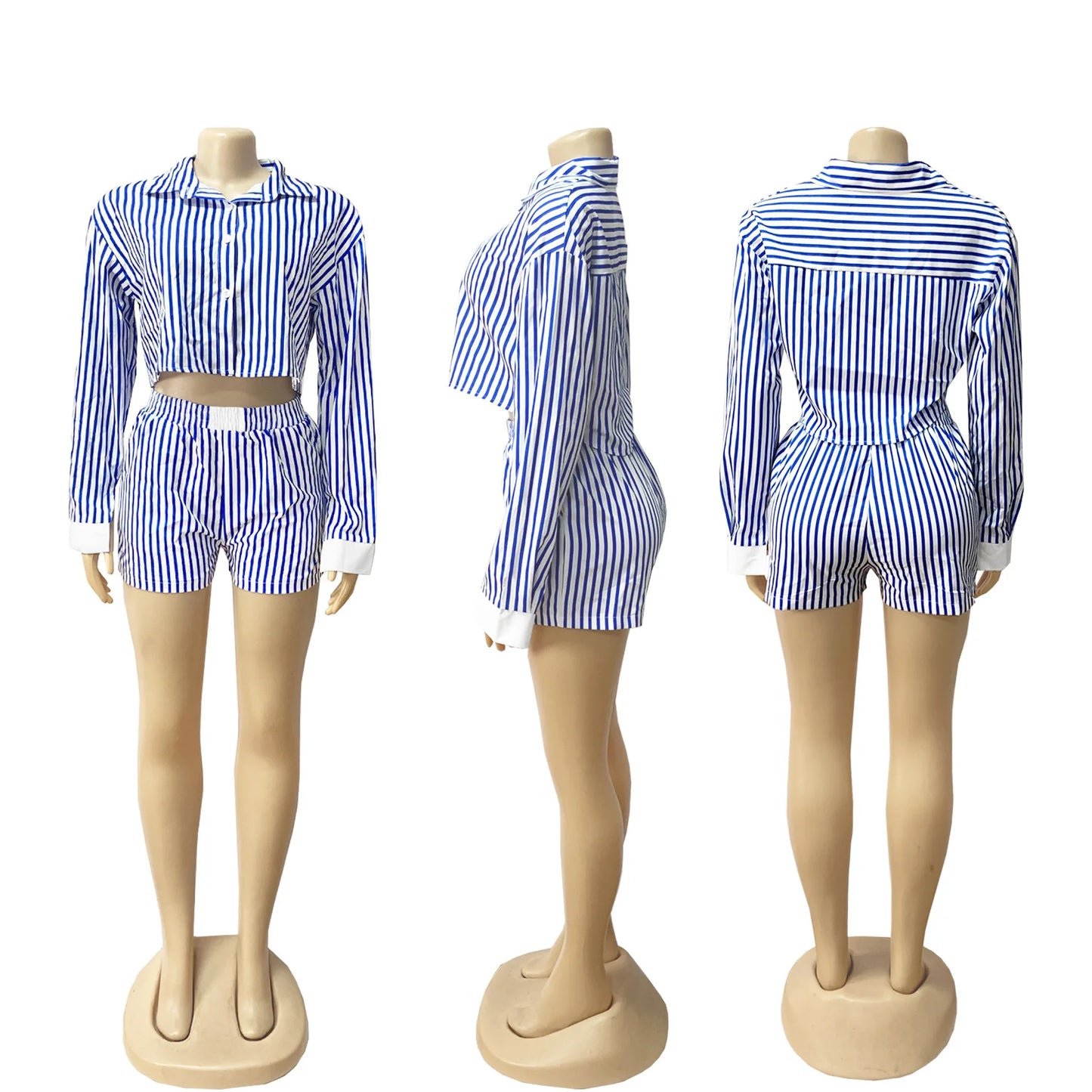 HLJ Spring Summer Ladies Shorts Outfits Stripes Crop Shirt Top + Shorts Two Piece Set Casual Matching Women 2 Piece Clothing Set