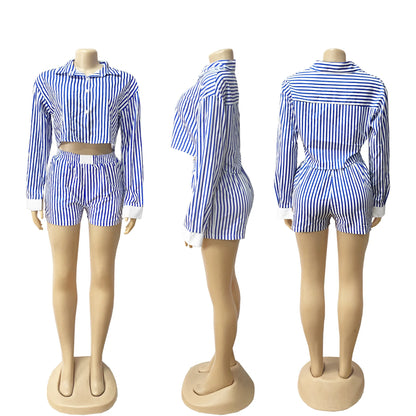 HLJ Spring Summer Ladies Shorts Outfits Stripes Crop Shirt Top + Shorts Two Piece Set Casual Matching Women 2 Piece Clothing Set