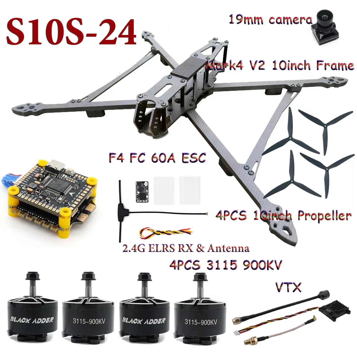 Mark4 V2 10inch FPV Frame Combo Set F405 V3S FC 60A 4-in-1 ESC 3115 900KV Motor Propeller ELRS for RC FPV Freestyle Racing Drone