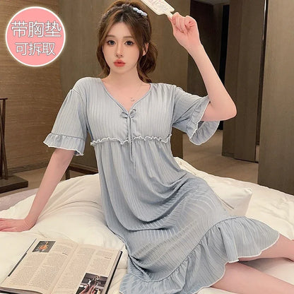 Hot Summer Plus Size Sexy Lace V-neck Short Sleeve Cotton Nightgowns for Women Cute Sleepwear Night Dress Nightdress Home Nighty