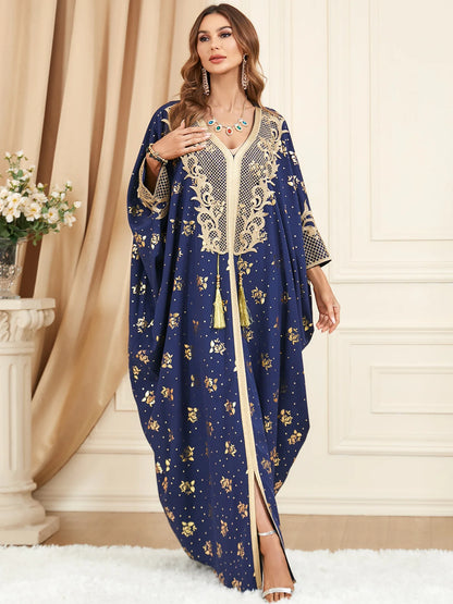 Muslim Dresses Women Elegant Long Robe Middle East Dubai Loose Abaya Bat Sleeve V-neck Tassel Evening Dress Femme Party Vestidos