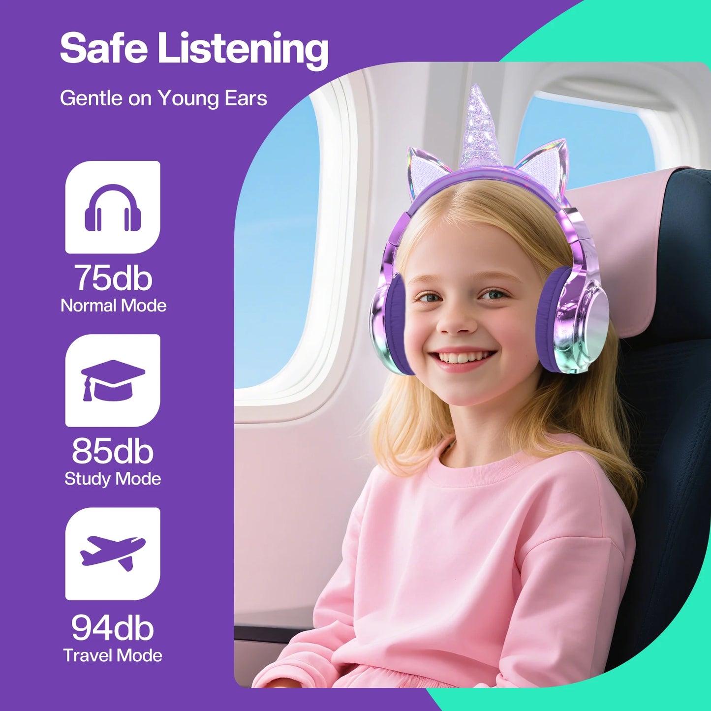 Unicorn Wireless Headphones for Kids Girls Bluetooth Earphones Foldable Cat Ear Headphones for School Travel Children's Headset