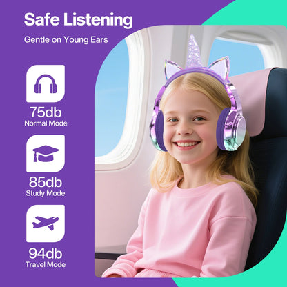 Unicorn Wireless Headphones for Kids Girls Bluetooth Earphones Foldable Cat Ear Headphones for School Travel Children's Headset
