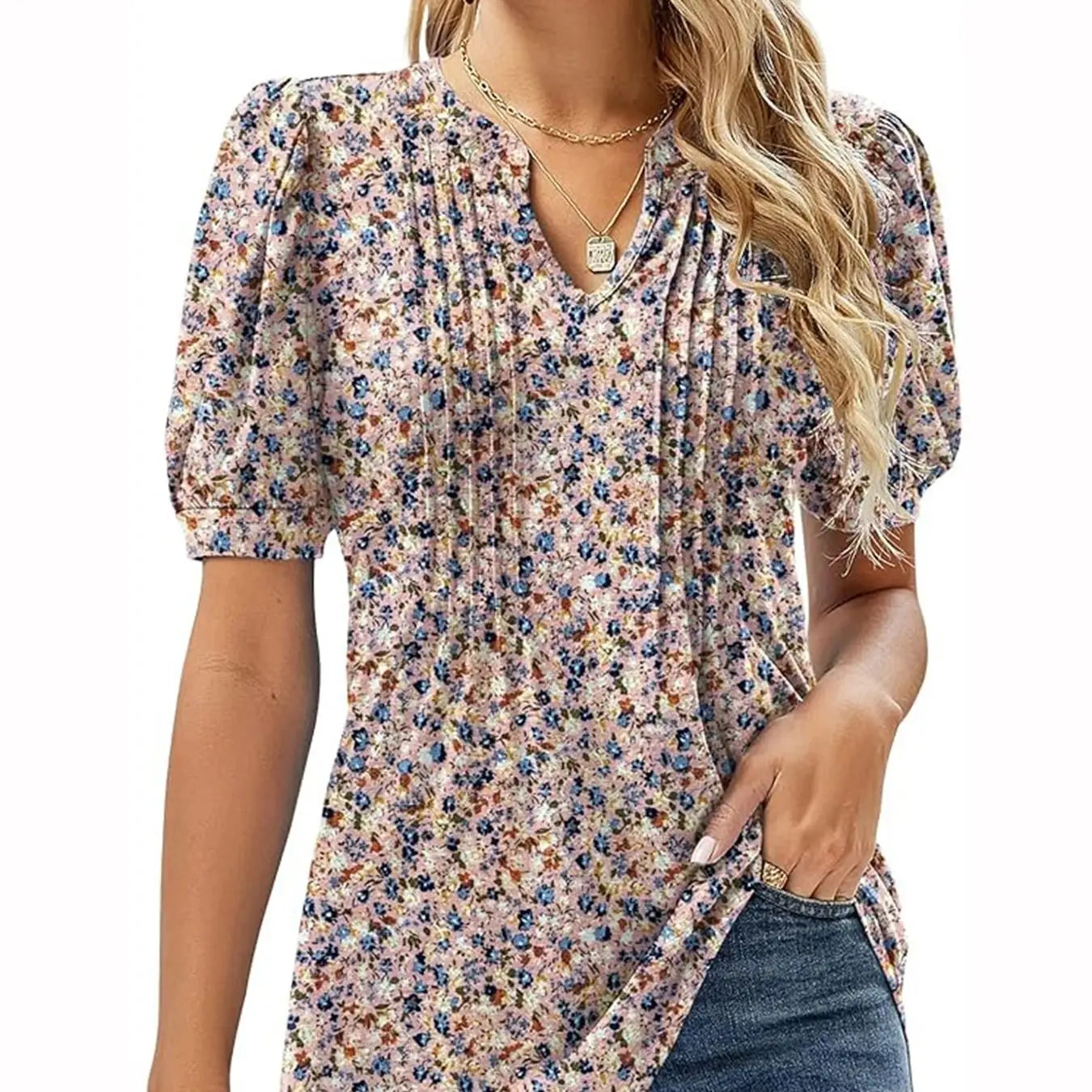 Womens Tunic Tops V Neck Shirts Short Sleeve Summer Puff Pleated Casual Blouses Puff Pleated Work Blouse Fashion Tops