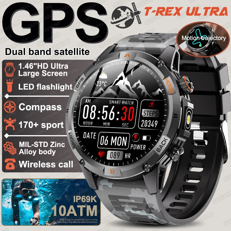New Military GPS Smart Watch GPS LED Waterproof Heart Rate Sport BT Call HD AMOLED Smartwatch