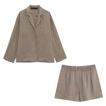 HH Women Casual Shorts Suit Lapel Single-Breasted Long Sleeves Shirt Top+Summer Elastic Waist Pocket Design Elegant Shorts