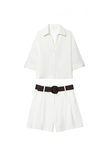 HH Women Elegant Turn-Down Collar Single-Breasted Shirts Top+Chic Mid Waist Belt Decoration Zipper Casual Shorts 2-Piece Set
