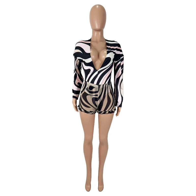 Sexy Stripe Print V-neck Long Sleeve Blouse Top and Sheer Mesh Shorts Two-piece Set Women Bodysuit Summer Sets Womens Outfits