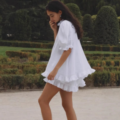 Women 2 Piece Shorts Set Puff Sleeve Button Down Blouse And Ruffle Hem Shorts White Cotton Look Casual Outfits Summer Streetwear