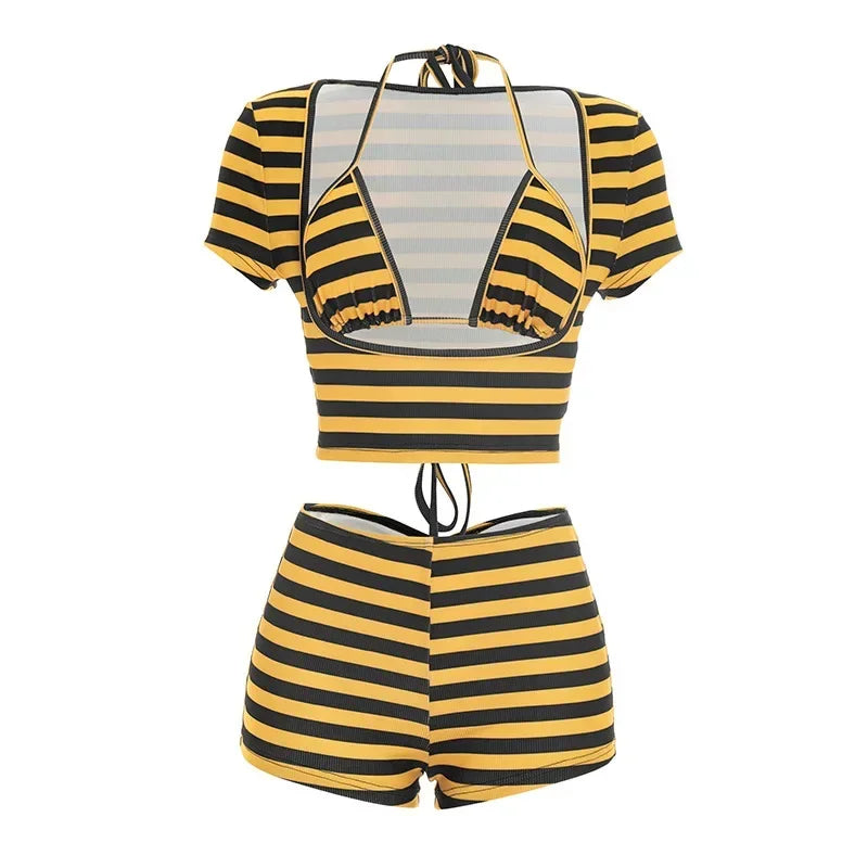 Women Striped Print 3 Piece Short Sets Summer Sexy Halter Lace-up Bra Short Sleeve Crop Top Shorts Matching Sets Beach Vacation