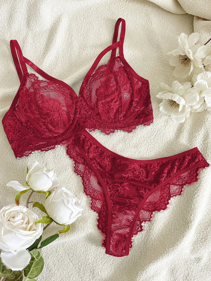 Women's Sexy Push Up Bra & Brazilian Panties Set - Lace Underwire Sheer Mesh Lingerie, Adjustable Straps Comfort Fit for Daily