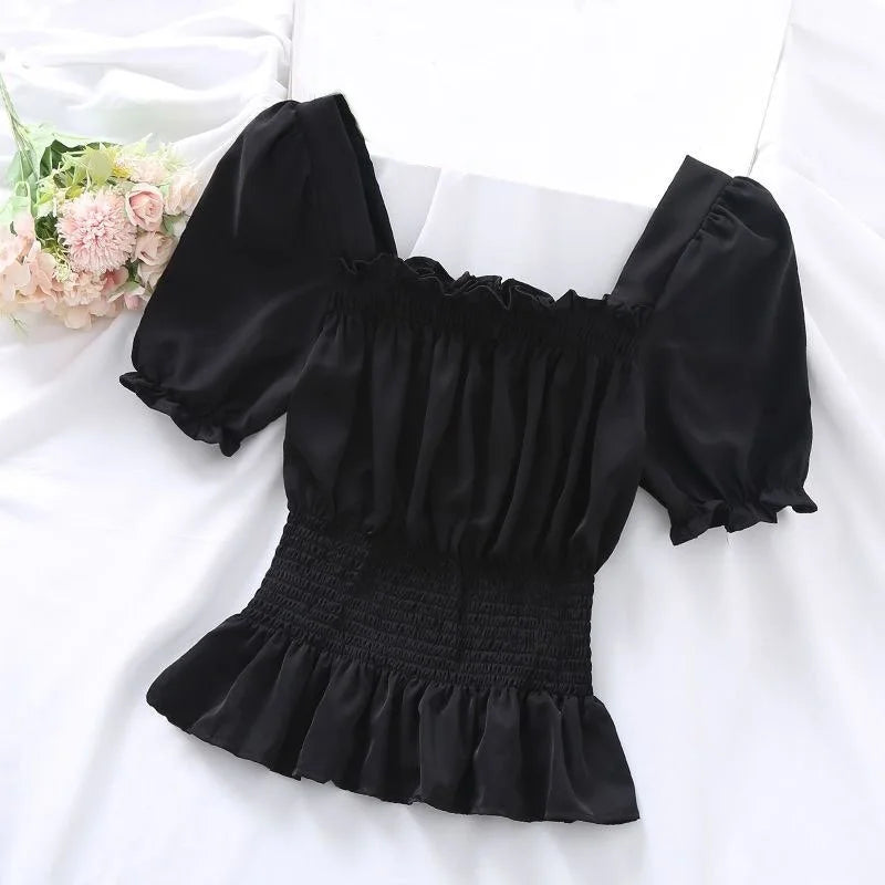 Puff Short Sleeve Ruffles Shirts Square Collar Chiffon Blouses Women Summer Pullover Blouse Ladies Shirt Female Crop Tops