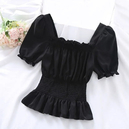 Puff Short Sleeve Ruffles Shirts Square Collar Chiffon Blouses Women Summer Pullover Blouse Ladies Shirt Female Crop Tops