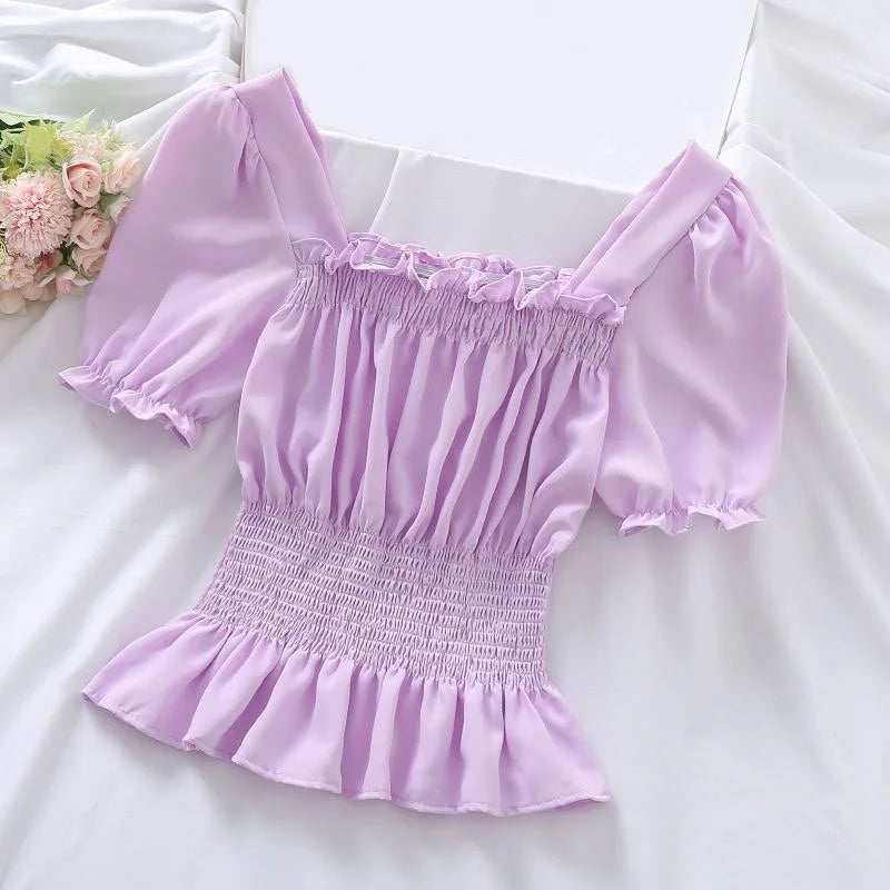 Puff Short Sleeve Ruffles Shirts Square Collar Chiffon Blouses Women Summer Pullover Blouse Ladies Shirt Female Crop Tops