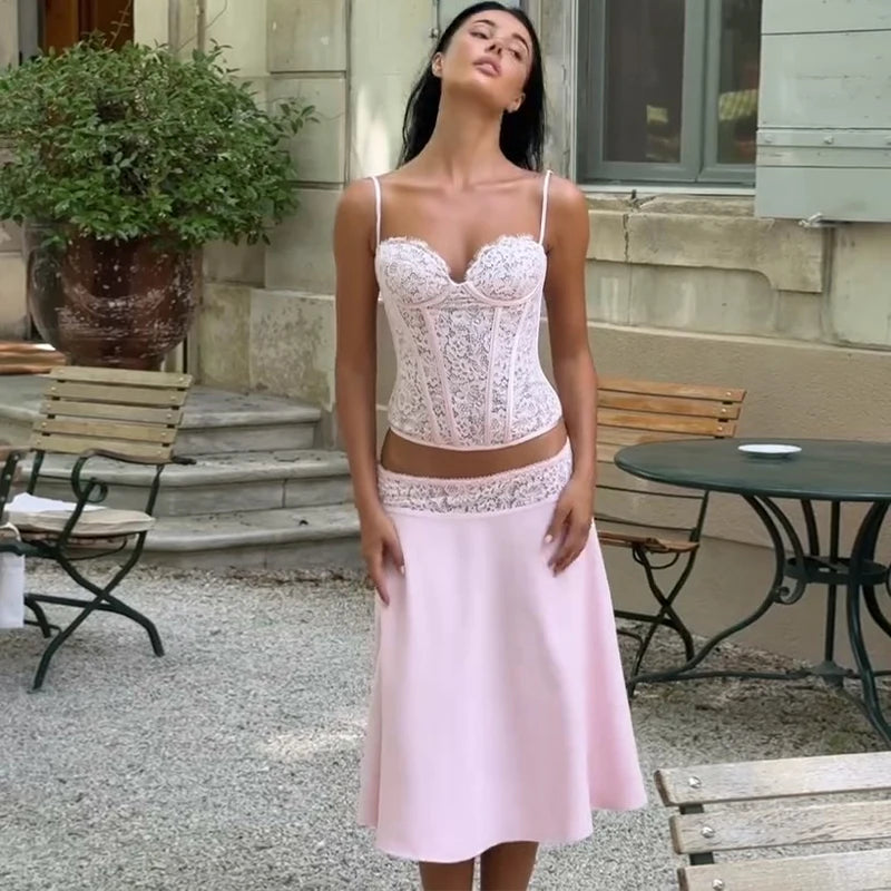 Fashion Women's Pink Lace Corset Skirt Set Slim Sleeveless Waist Cinching Strap Top Loose Skirts 2026 Summer Lady Party Outfits