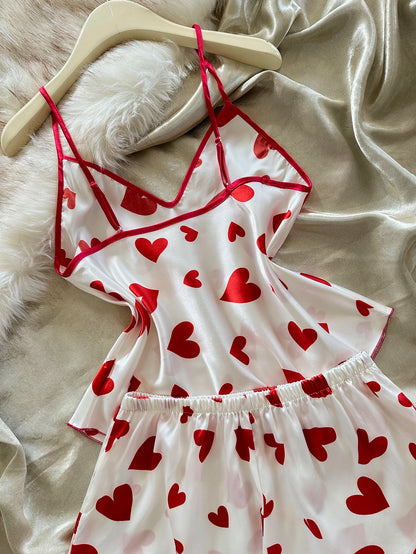 Heart Print Women's Pajama Set V Neck Spaghetti Strap Cami Top with Shorts 2 Piece Sleepwear Fashion Loungewear for Casual Wear