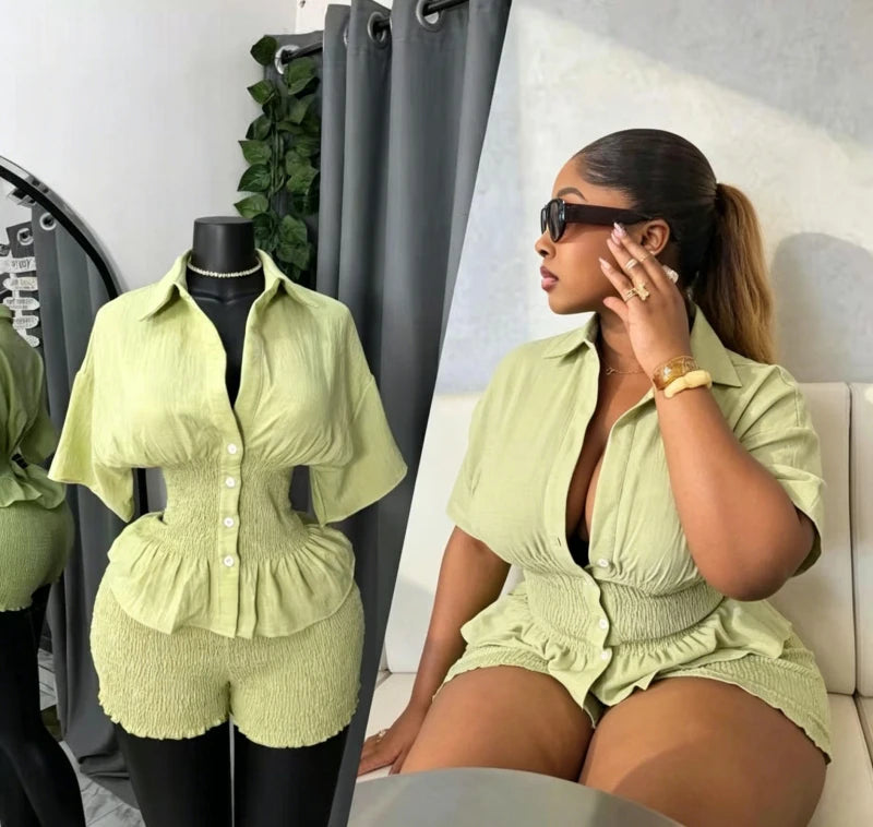 Elegant New Design WomenSummer Two Piece Set Solid Color Short Sleeve Elastic Waist Ruffles Hem Blouse Top And Folds Shorts Set