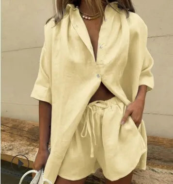 2024 Summer New Women's 2-piece set Solid Single breasted Short sleeve Shirt Two piece Set Wide Leg Lace-up Shorts For Women