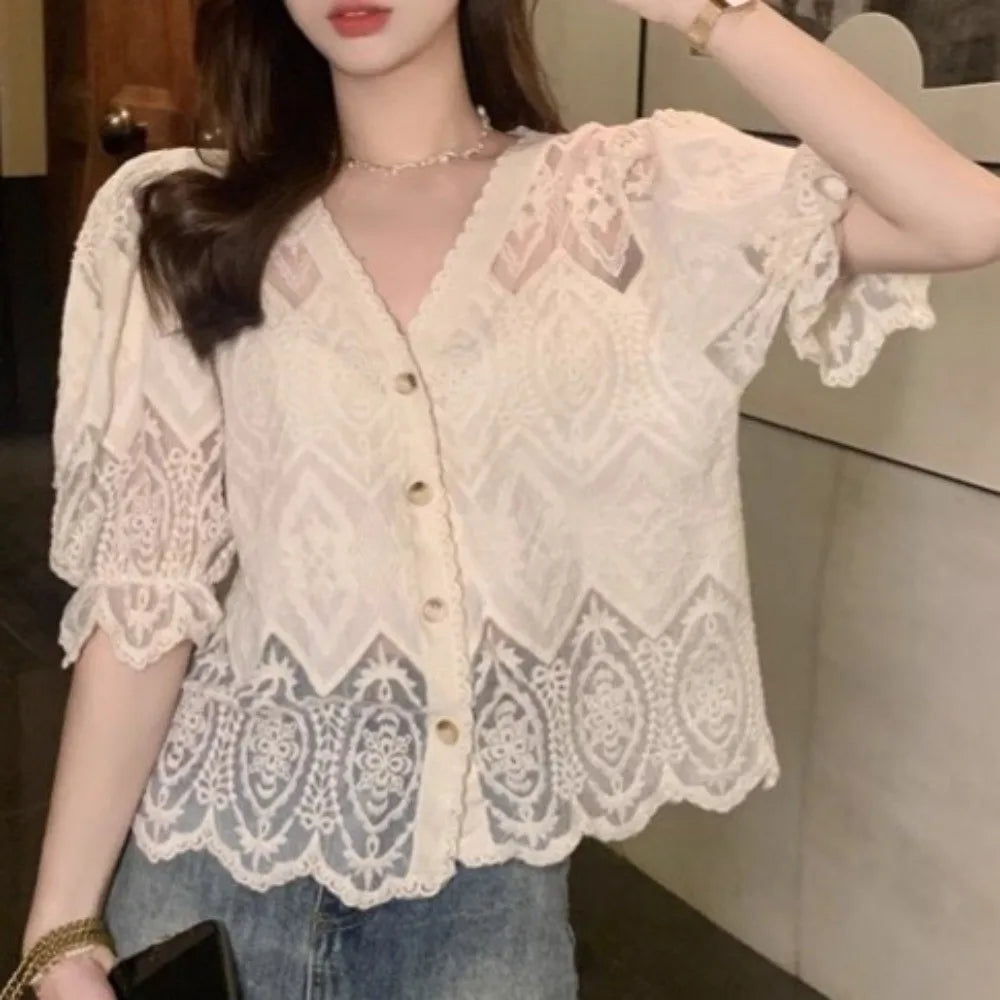 New Lace Hollow Out Bubble Sleeve Shirt Elegant V-neck Button Up Shirt Sweet Short Sleeve Blouses Summer