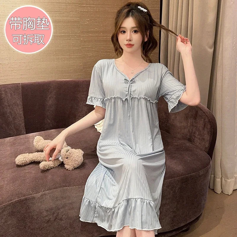 Hot Summer Plus Size Sexy Lace V-neck Short Sleeve Cotton Nightgowns for Women Cute Sleepwear Night Dress Nightdress Home Nighty
