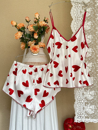 Heart Print Women's Pajama Set V Neck Spaghetti Strap Cami Top with Shorts 2 Piece Sleepwear Fashion Loungewear for Casual Wear