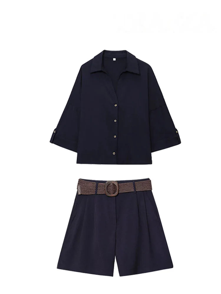 HH Women Elegant Turn-Down Collar Single-Breasted Shirts Top+Chic Mid Waist Belt Decoration Zipper Casual Shorts 2-Piece Set