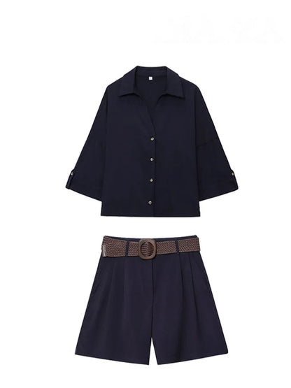 HH Women Elegant Turn-Down Collar Single-Breasted Shirts Top+Chic Mid Waist Belt Decoration Zipper Casual Shorts 2-Piece Set