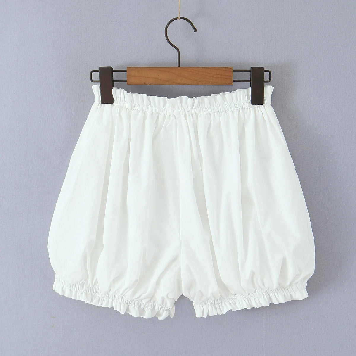 2 pieces 1 set Spring Summer White Elastic Slash Shoulder Lantern Sleeve Shirt + Wood ears Elastic Waist BUD Mini Shorts Suits