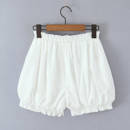 2 pieces 1 set Spring Summer White Elastic Slash Shoulder Lantern Sleeve Shirt + Wood ears Elastic Waist BUD Mini Shorts Suits
