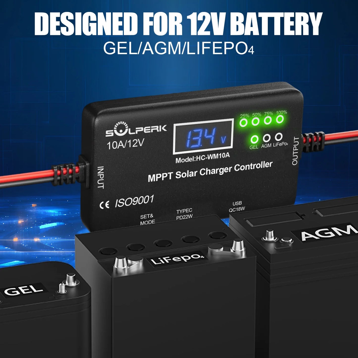 MPPT 10A 12V Solar Charge Controller with LCD Display, Solar Panel Charge Controller with Type-C and USB Output for Solar Panel