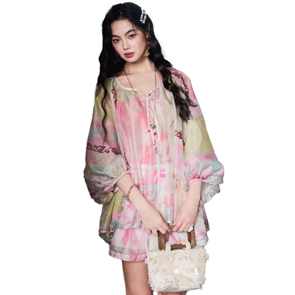 ELFSACK Floral Print Chiffon Two-Piece Set, V-Neck Blouse & Shorts, Oriental Casual Summer Outfit for Women